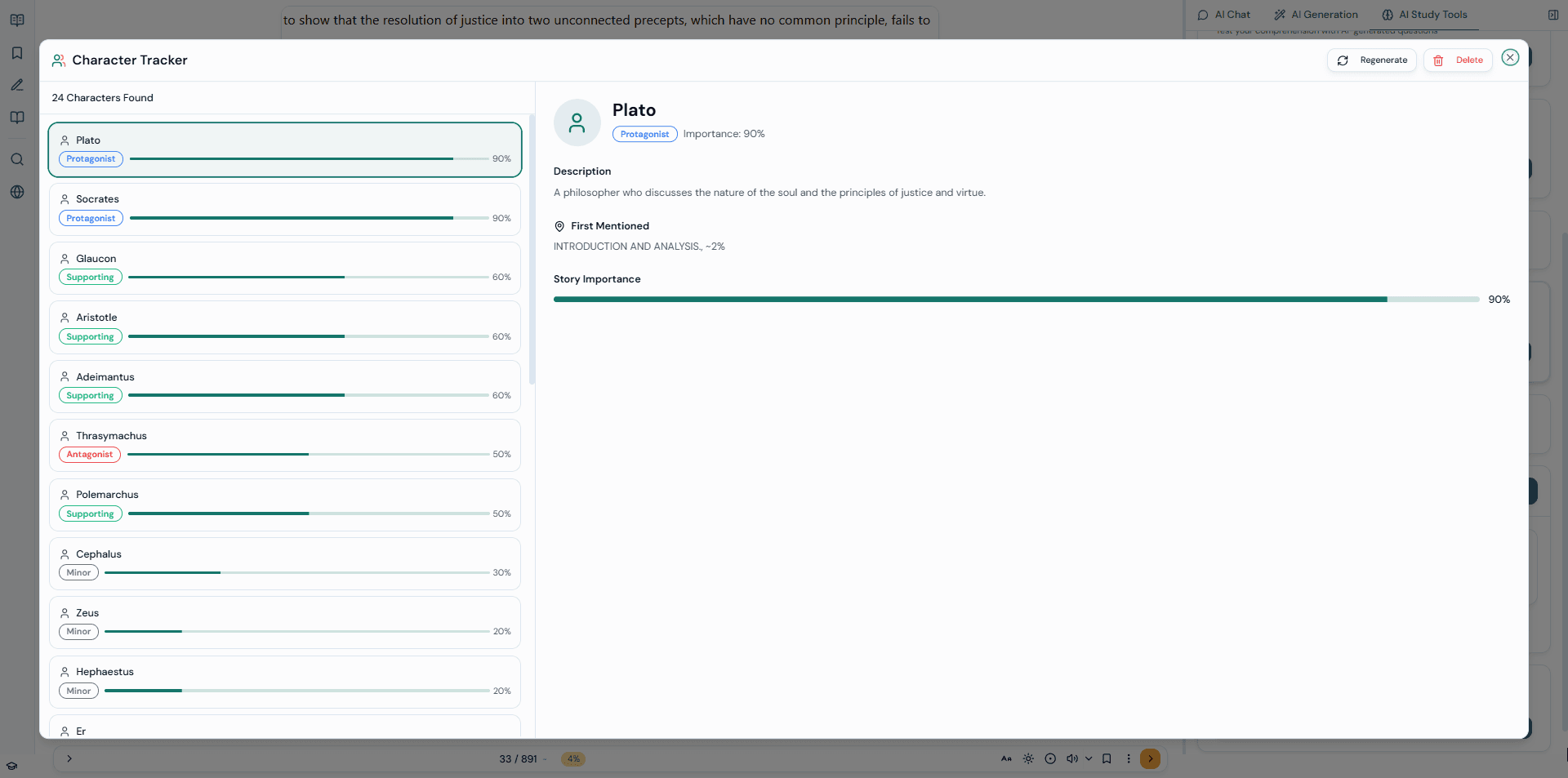 Character tracker showing 24 characters from Plato's Republic with roles, importance scores, and descriptions