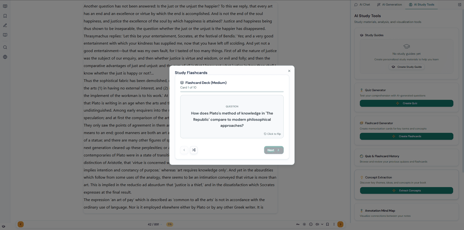 AI-generated study flashcards from Plato's Republic with question and click-to-flip interaction